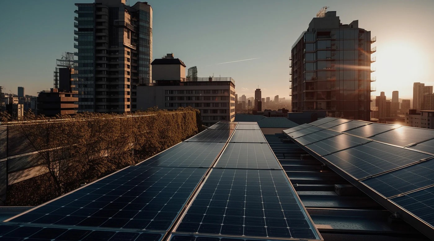 Rooftop solar panels in the city at sunset