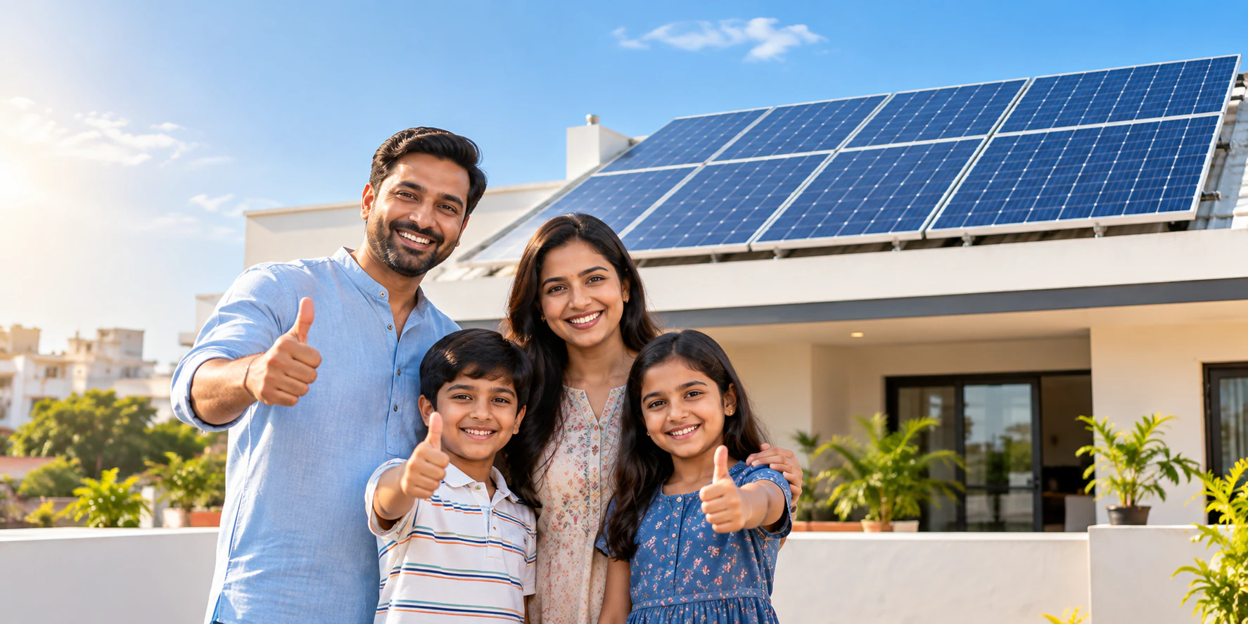 Family giving a thumbs up in front of their solar-powered home