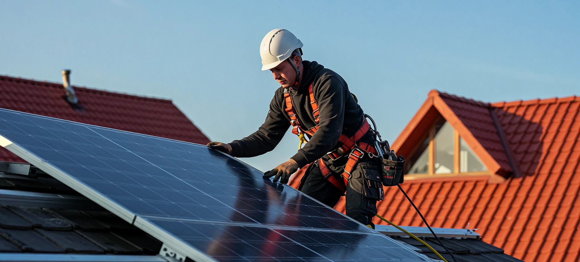 Installer fitting a solar panel on a tiled roof