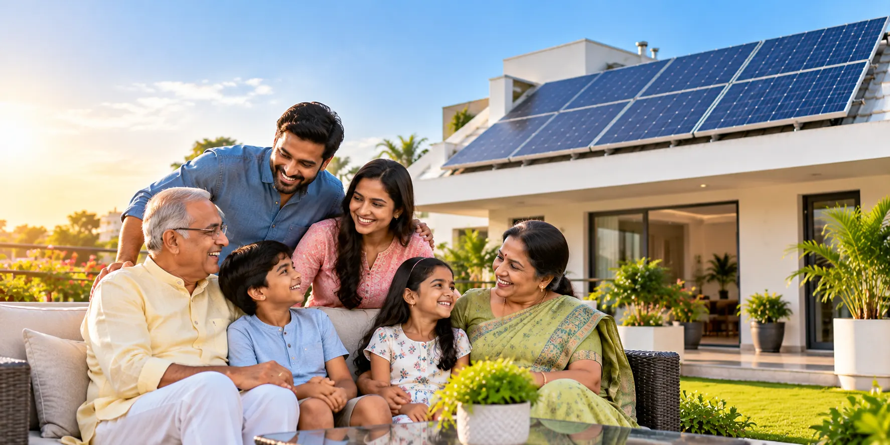 Three generations of a family smiling on the terrace of their solar-powered home