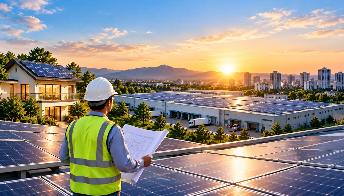 An engineer reviewing plans on a solar rooftop at sunset