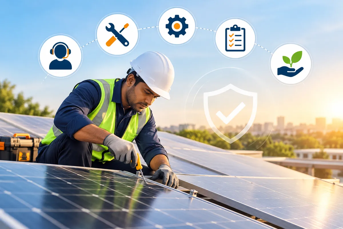 A technician fixing a rooftop solar panel